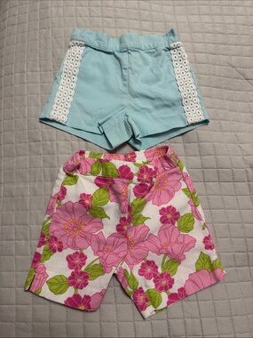 Janie and Jack Light Blue Crochet Trim & Pink Floral Shorts Set Sz 12-18 Month